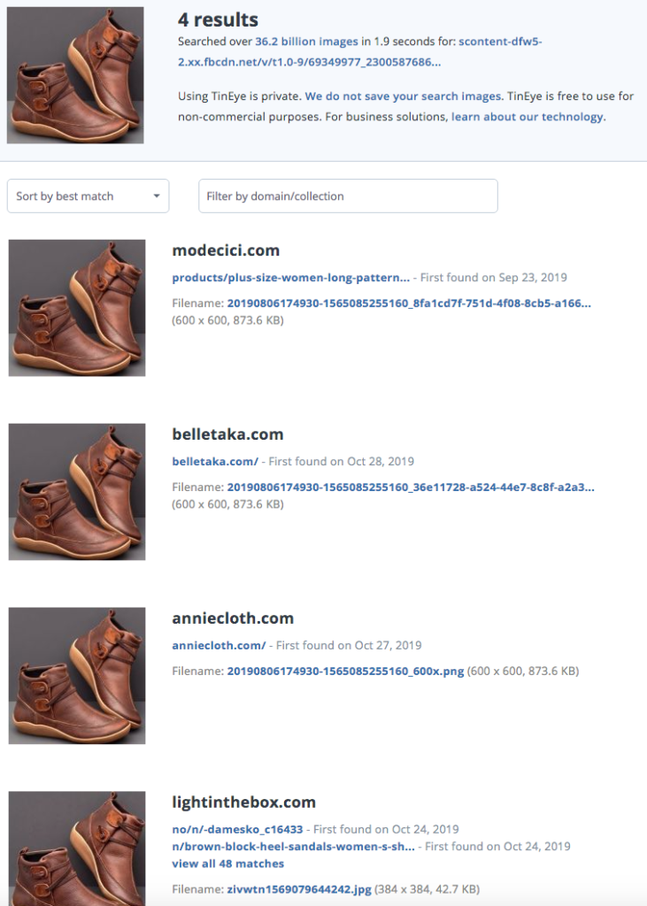 Chicalisa isn't listed here, which shows that Facebook scam page stole the image from a legitimate online retailer.