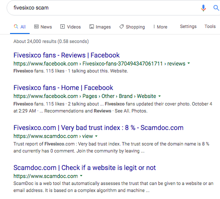Search results for Facebook scam business.
